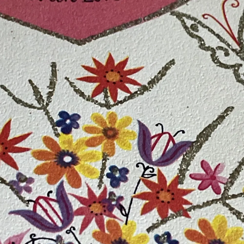 VTG Valentine Mom Butterfly Flowers Heart Card Gold Glitter Rust Craft